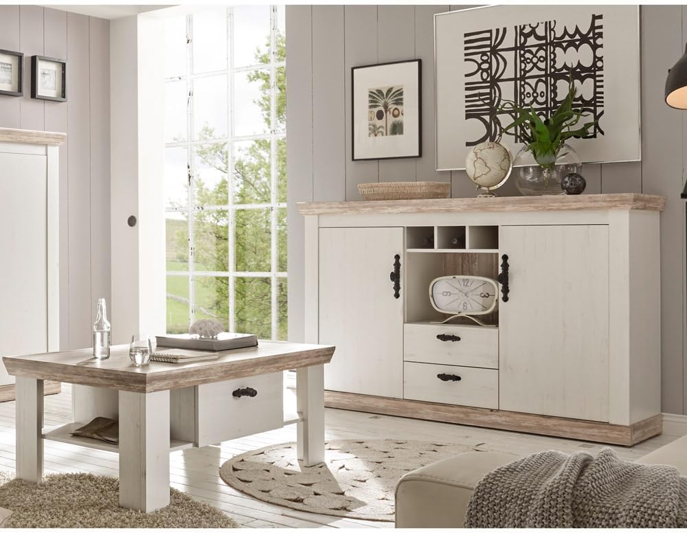 Lomadox Landhaus Wohnmöbel Set Sideboard mit Couchtisch in Pinie weiß und Oslo dunkel