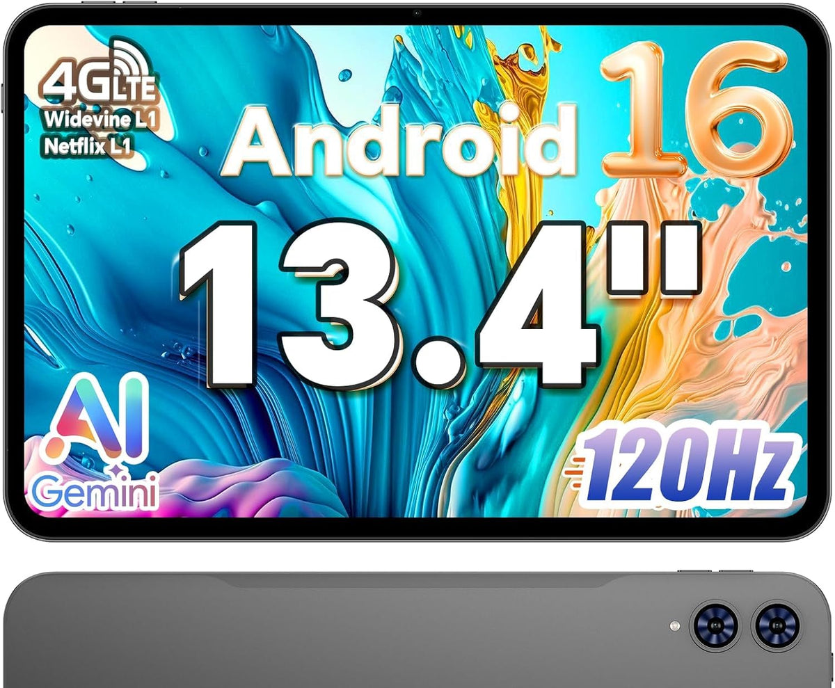 TECLAST Tablet 13.4 Zoll 120Hz Display Android 16 Gaming Tablets, 48GB RAM+128GB ROM(4TB TF), Widevine L1/13MP/GPS, 4G LTE Dual SIM, Filme