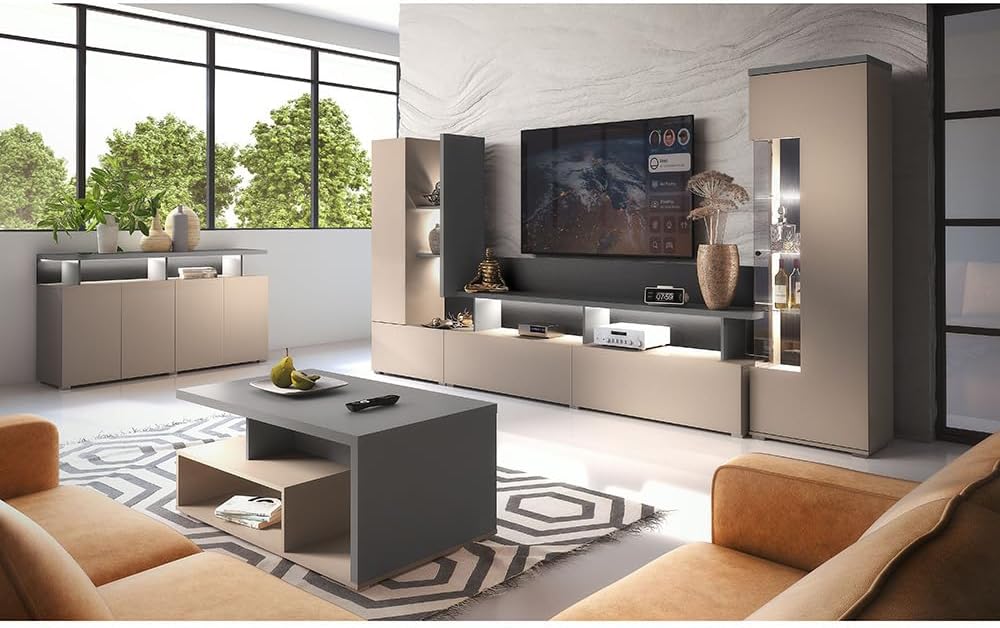 Lomadox Wohnzimmer Set 4-teilig in beige mit anthrazit mit LED Beleuchtung Sideboard Wohnwand Couchtisch