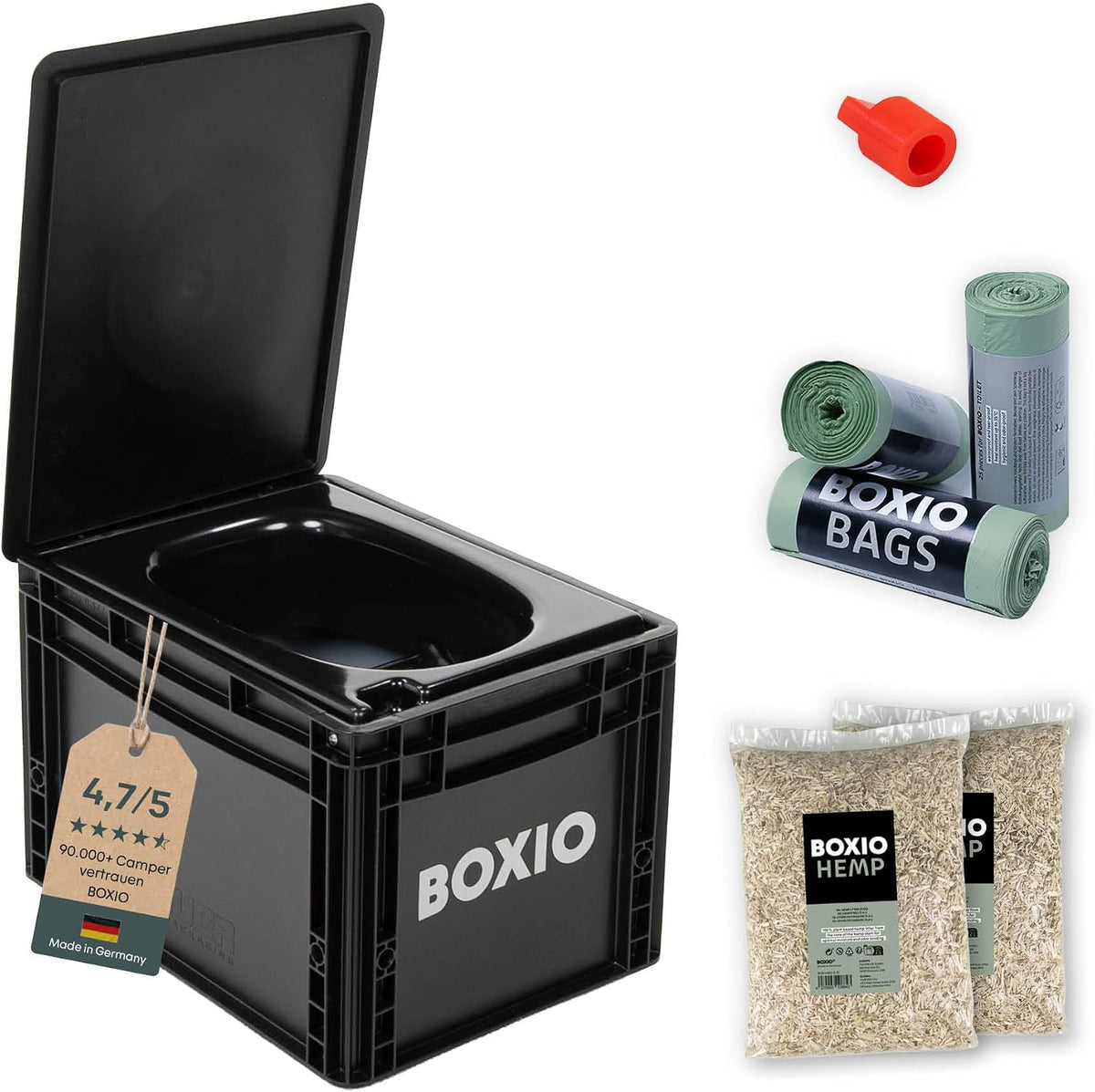 BOXIO, Toilet Plus: Campingtoilette Starter Kit mit Hemp, Plug & Bags