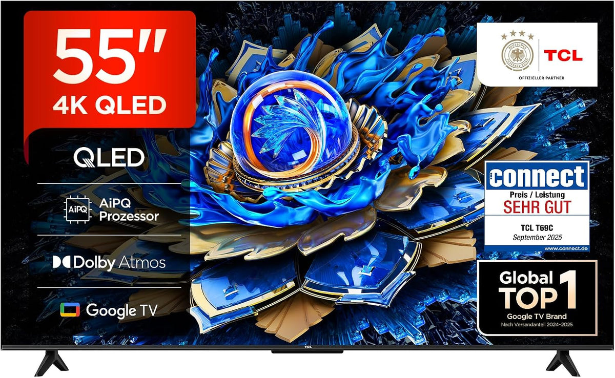 TCL 55T69C 55 Zoll QLED, Kompatibel mit Google Assistant & Alexa), Direct LED TV, 4K HDR TV, Smart Google TV (Dolby Vision & Atmos, Game Master