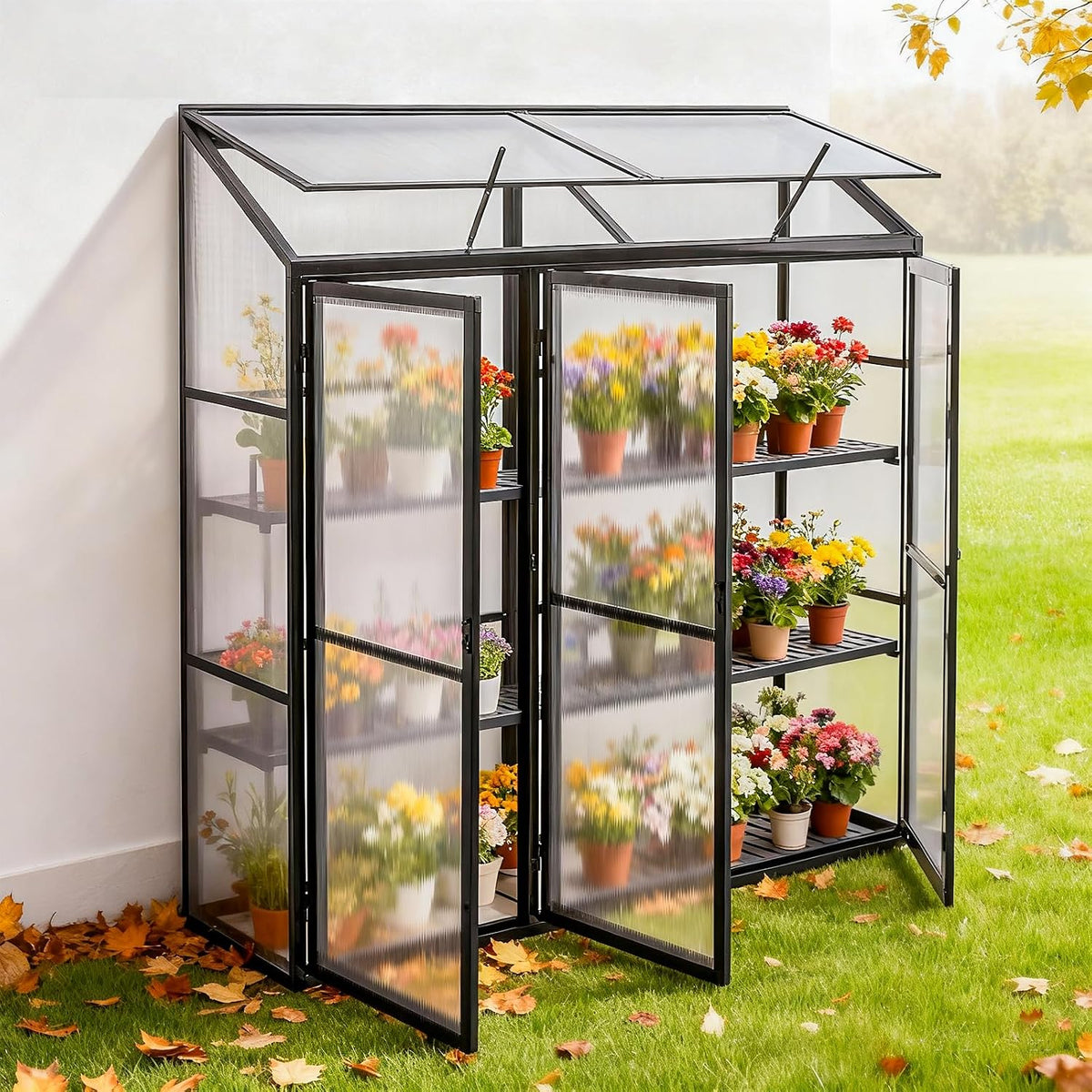 Aluminium Anlehngewächshaus Beistell Tomatengewächshaus klein Gewächshaus Dreitürig Treibhaus 190x55X180 cm schwarz