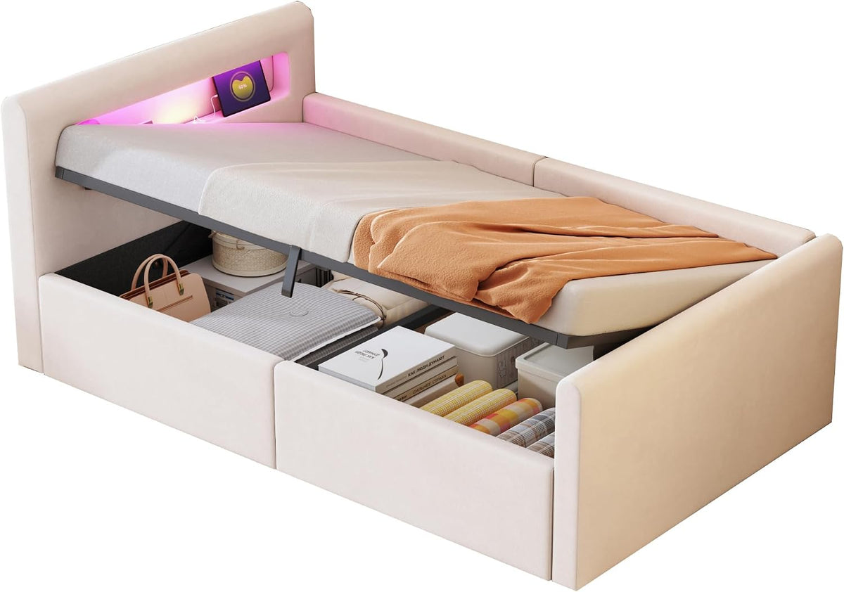 okwish Kinderbett 90x200 Polsterbett mit LED, USB & Bettkasten, Beige