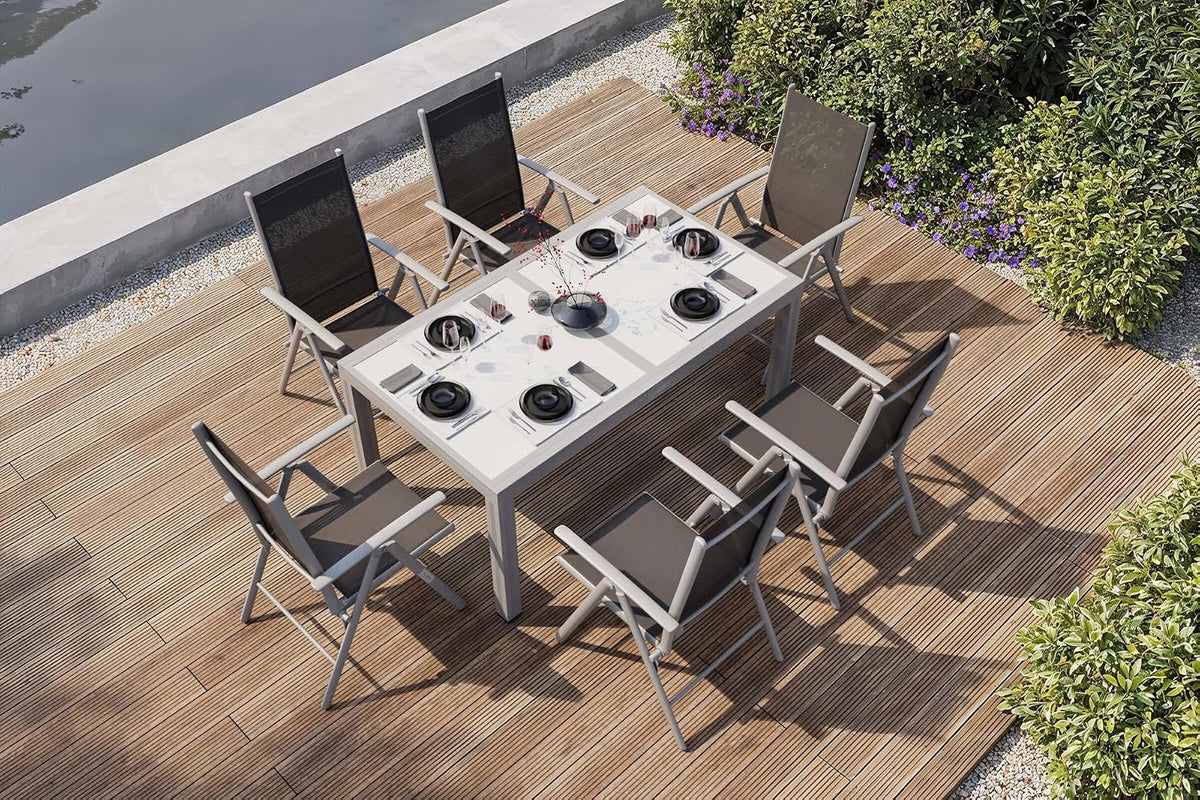 Villana Sylvania Garten-Essgruppe, ausziehbarer Tisch 160–220 cm, 6 Personen, Aluminium/Textil