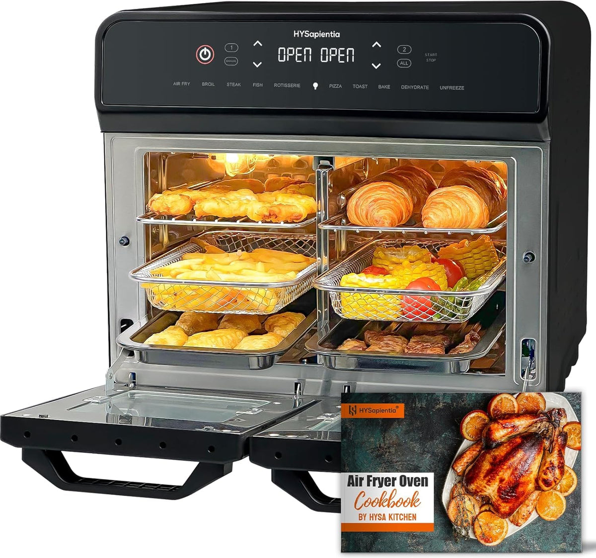 HYSapientia 22L heißluftfritteuse 2 kammern XXL Minibackofen mit Umluft, Zwei Kochmodi mit Teilerplatte, LED-Touchscreen,10 Programmen, Edelstahl