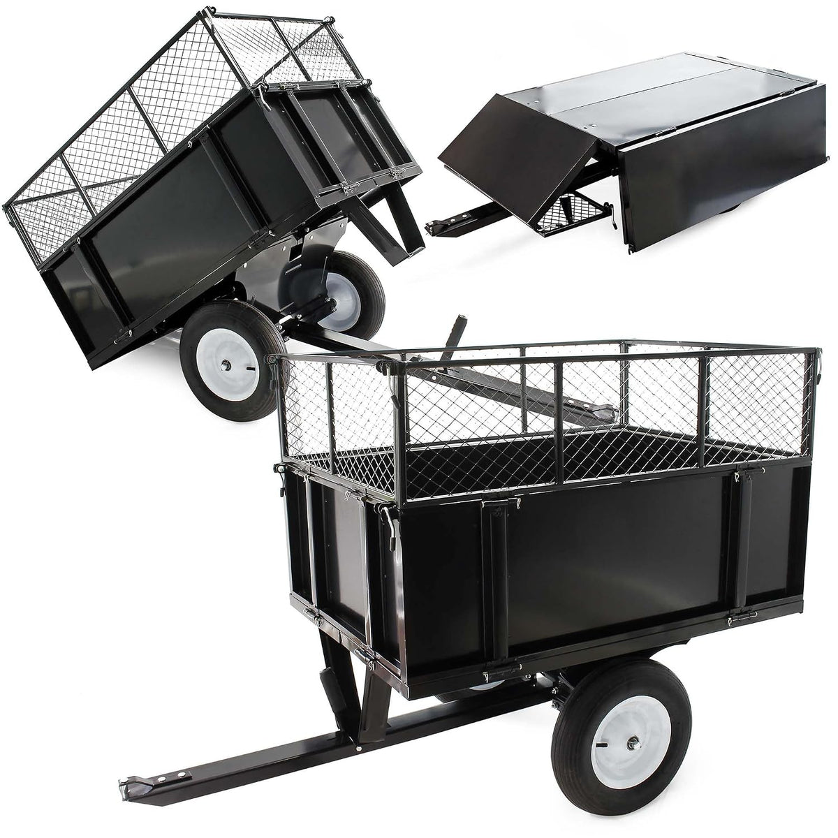 Wiltec Kippanhänger 166,5 x 77,5 x 106 cm 300 kg, Anhänger mit Kippfunktion, Anhänger Kipper für Rasentraktor mit Gitter u. abnehmbaren Seitenwänden