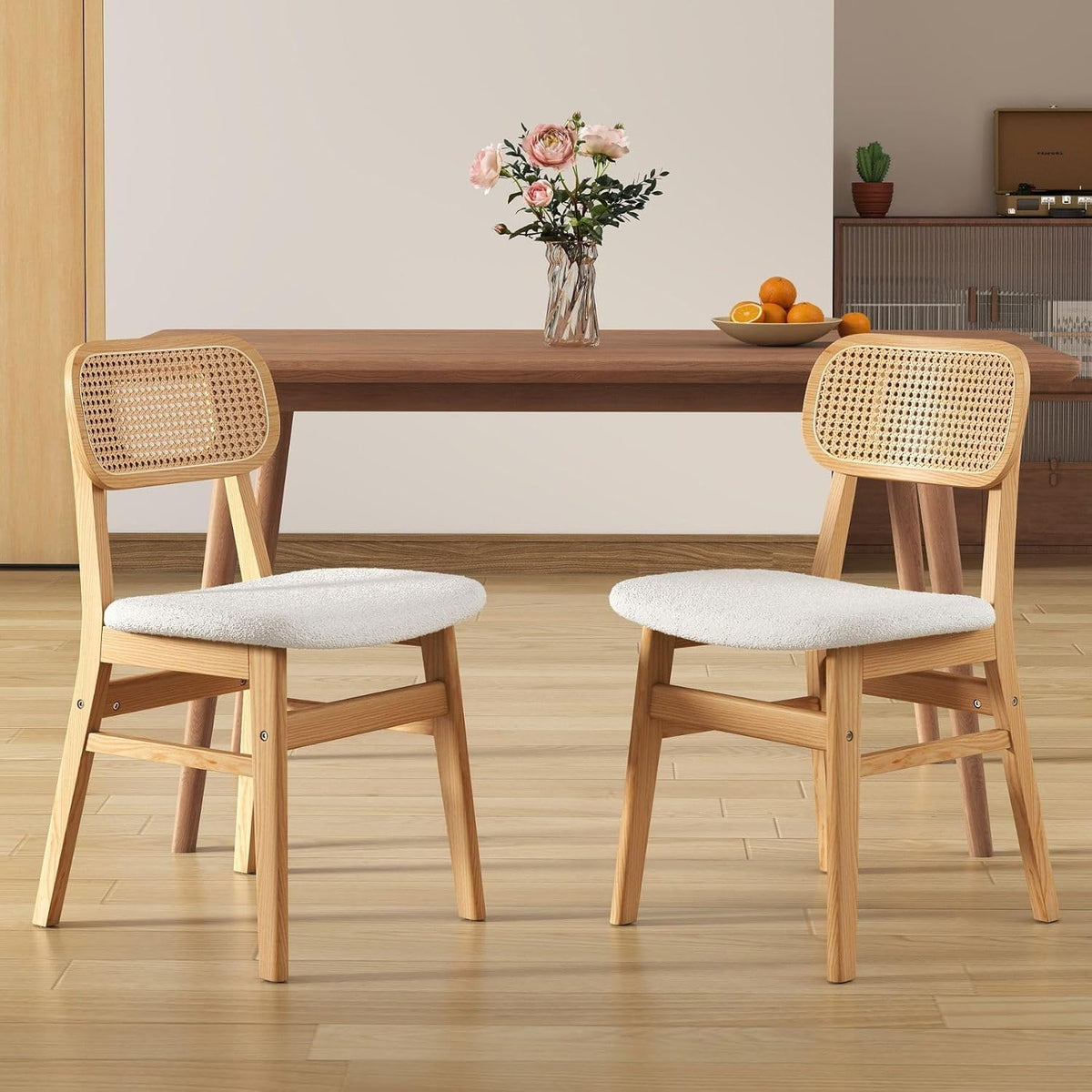 chairus Esszimmerstühle 2er Set Holz, Küchenstühle Kunstfell&Rattan, Beige