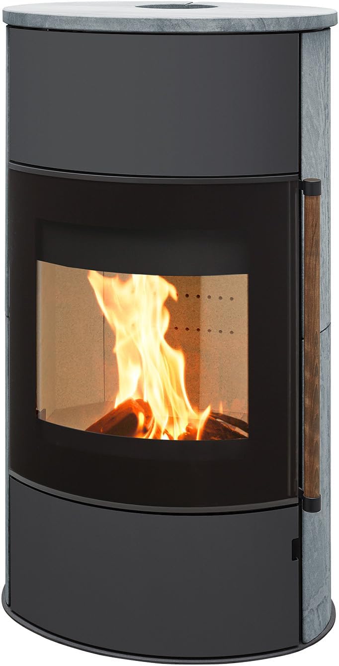 H&M Germany Kaminofen Mango 2.0 gussgrau Speckstein 8kw Holzofen Speicher modern große Sichtscheibe aufgesetzt 8kw grauer stahlkorpus