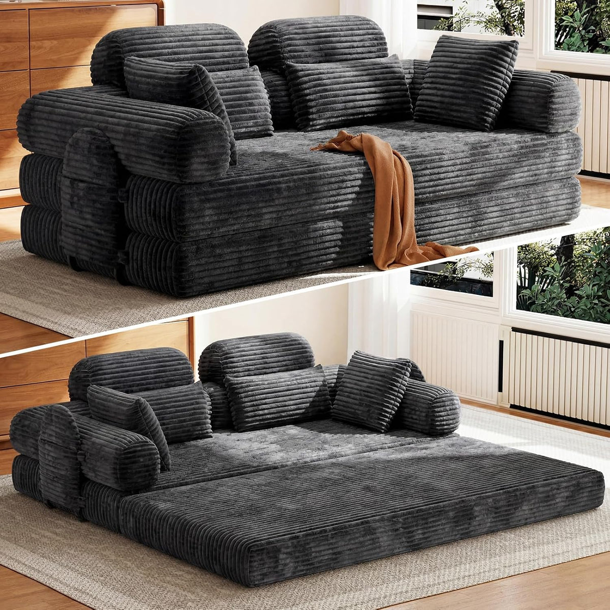 HOMRELEXA Schlafsofa 200cm Breit, Cord Sofa mit schlaffunktion, Bodensofa Bed mit Hohe Rückenlehne, Boneless Couch, 2 Zierkissen, Seitentasche, Grau