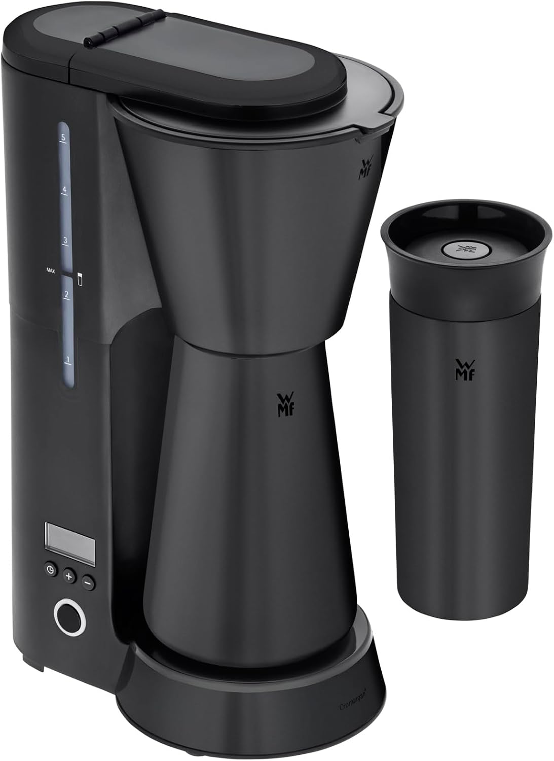 WMF Küchenminis Aroma Filterkaffeemaschine mit Thermoskanne, kleine Kaffeemaschine to go, 870 Watt, Thermobecher to go, Timer, edelstahl schwarz matt