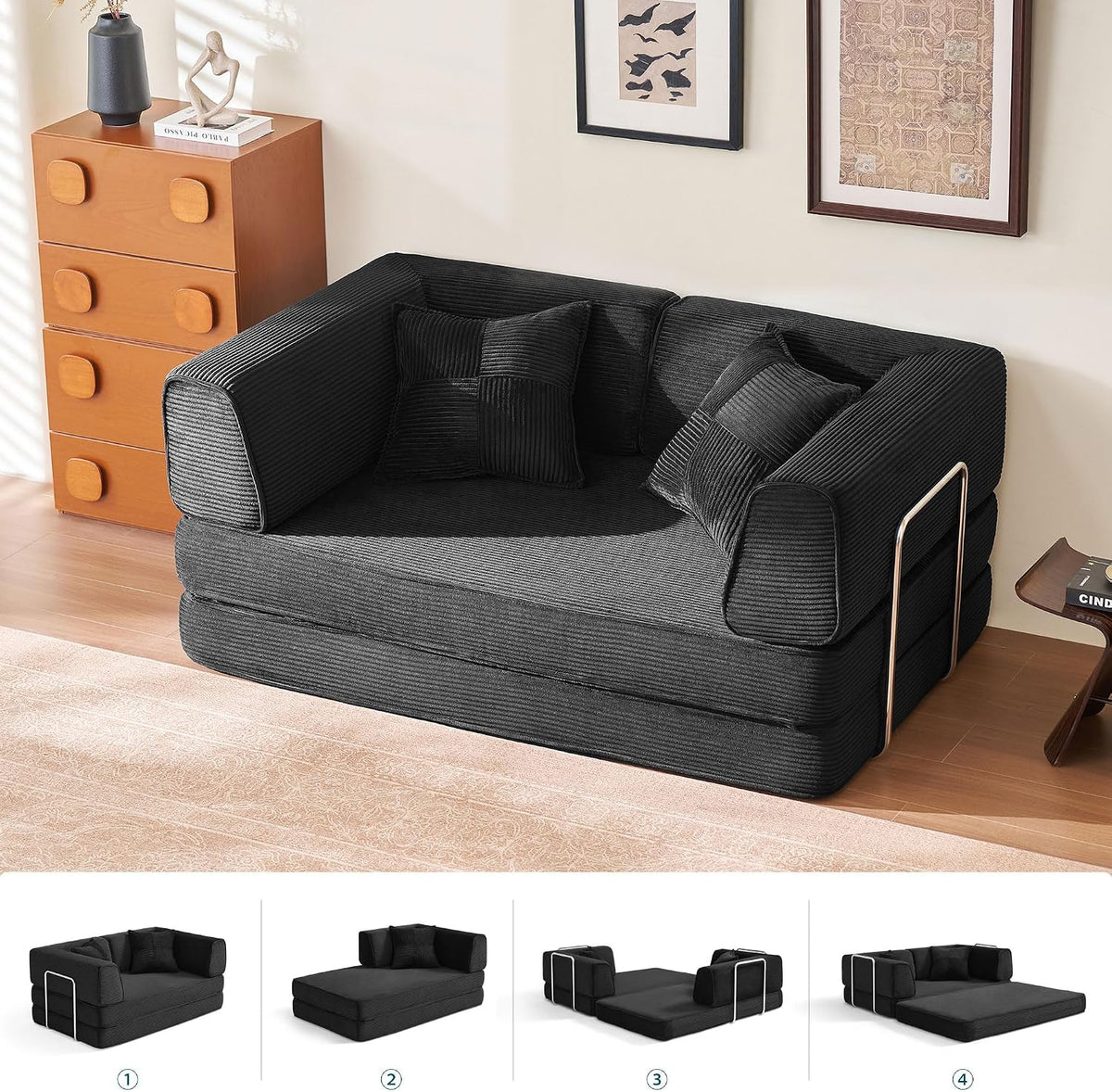 LINSY HOME Schlafsofa, Schlafsofa Klappbar 160 cm Breit- Compressed Sofa in Box, Bodensofa Bed mit Pillow Back Support Armrest, Schwarz