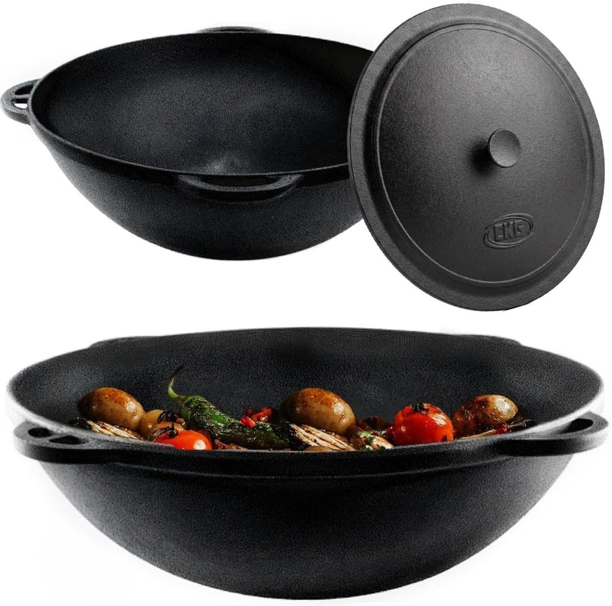 Kazan Uzbek Cast Iron Kazan for Plov Making Cookware Insulated Double Handle Pan Wide Mouth Cast Iron Dutch Oven, 12 L, Outdoor Cooking Frying Pot