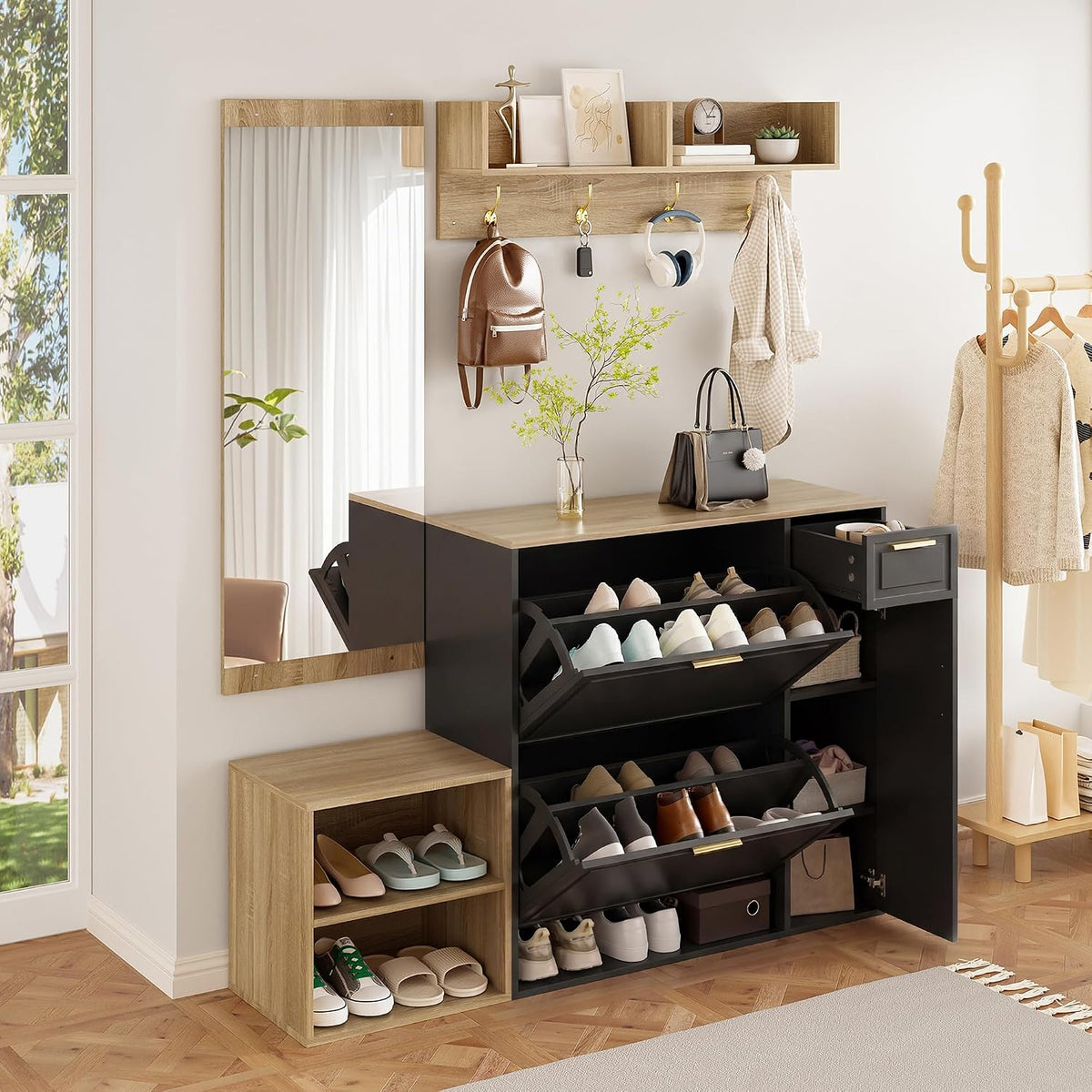 Merax Garderobenset 4-teilig, Wandgarderobe & Spiegel, 139.5x35x166 cm, Garderobe Komplettprogramm mit Schuhschrank, Sitzbank, Flurmöbel