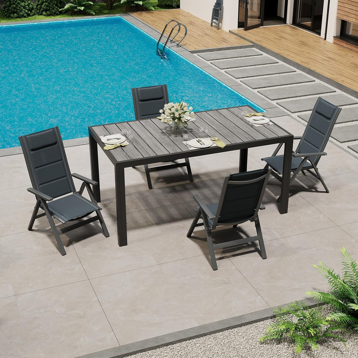 TRIUMPHKEY Aluminium Gartenmöbel 4+1, Gartenmöbel Set mit 1 150 cm PS Gartentisch und 4 klappstuhl, mit Verstellbarer Rückenlehne, Dunkelgrau