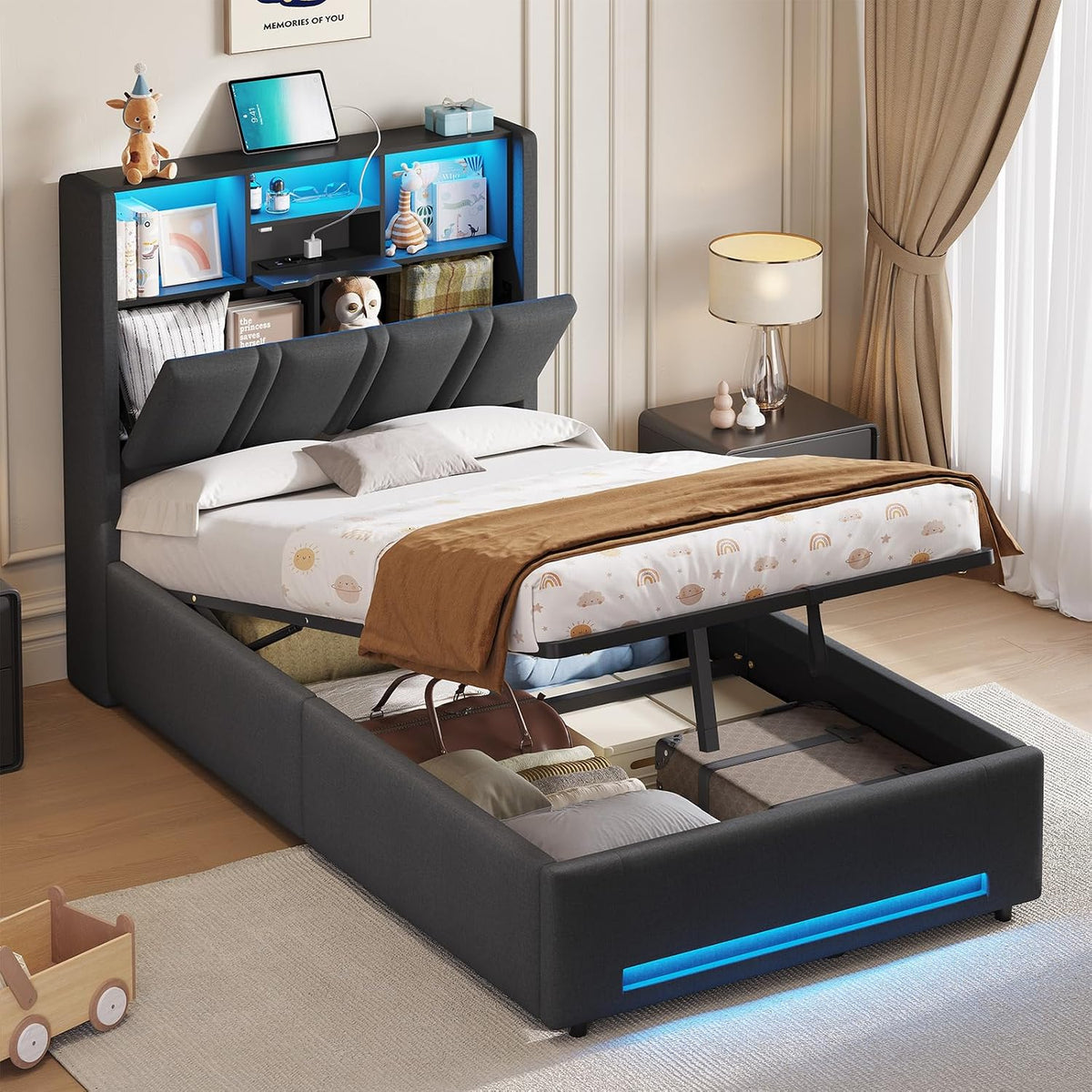 DICTAC Bett 90x200 Grau mit LED, Stauraum 30cm, Jugendbett 90x200 für Erwachsene & Teens, bis 200 kg, Polsterbett mit Bettkasten, Hydraulik