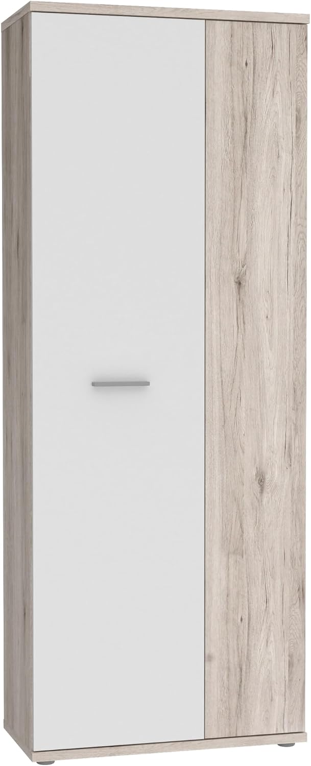 FORTE NET106 Schrank 70 180, 2-türig mit Einlegeböden, 69 cm breit x 179 cm hoch x 35 cm tief, Weiß mit Holzdekor: Sandeiche, Mehrzweckschrank klein