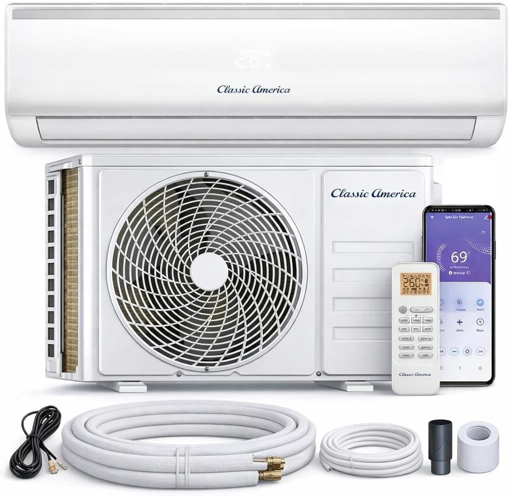 Classic America 12000 BTU Mini Split-Wechselrichter zur Wandmontage, ohne Leitungen mit Wärmepumpe, (19 SEER2, 15 Fuß-Leitungsset, 120 VAC)