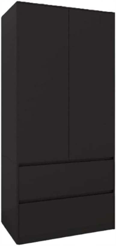 Moderner Kleiderschrank in Schwarz, 90cm Breit, 180cm Hoch, 2 Türen mit Kleiderstange und Einlegeböden, Laminierte Platte, 2 Schubladen