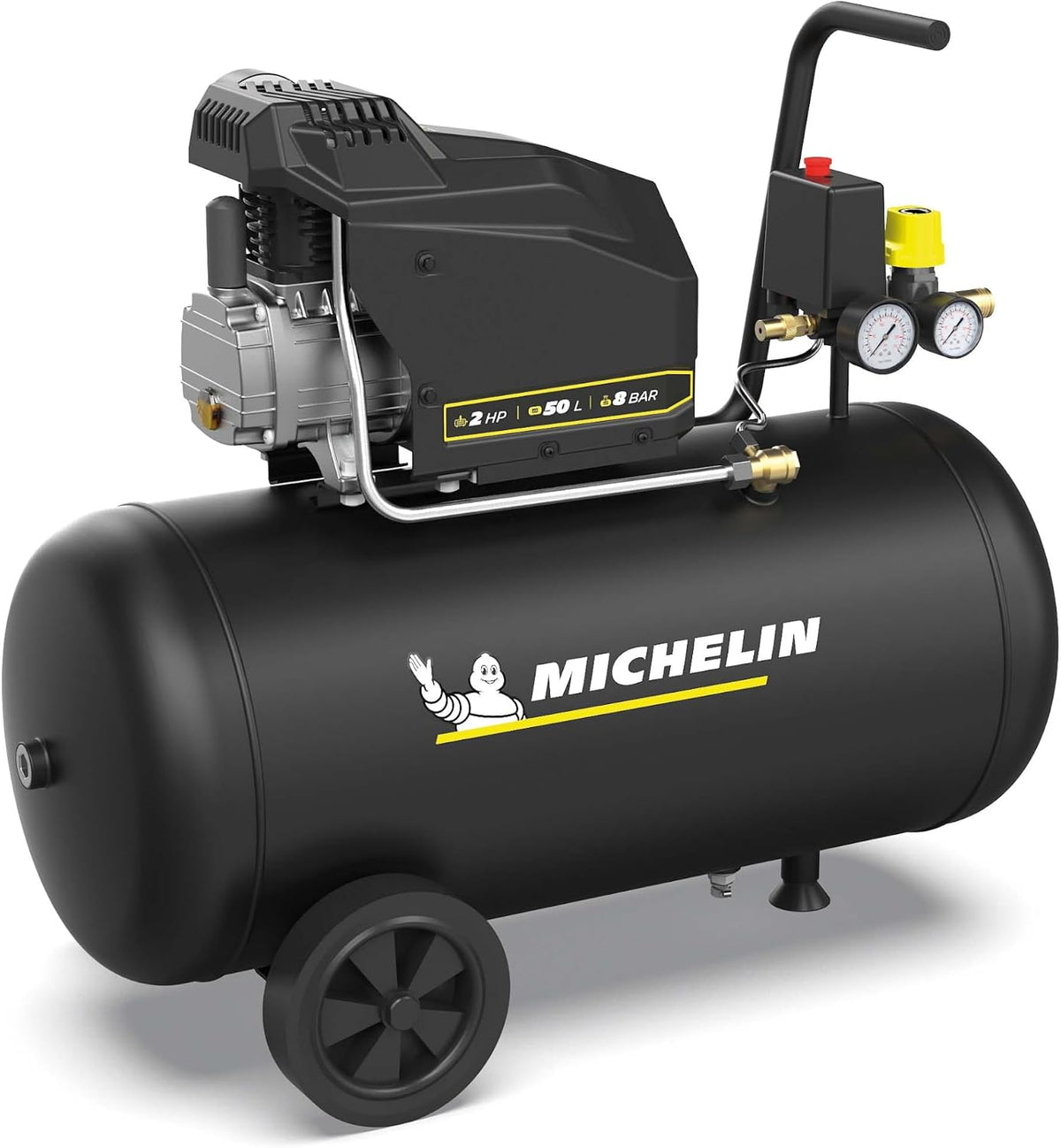 MICHELIN, Tank 50 Liter mit Rädern, Luftkompressor MX Pop Air 50-2 L, Luftdurchsatz 195 l/min, Motor mit 2 PS, maximaler Druck 8 bar