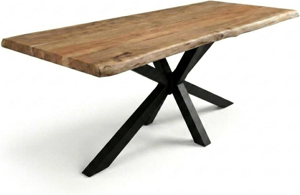 SAM Esstisch 240 x 100 cm Cali, aufgedoppelte Kanten 25+25 mm, Spider-Gestell aus Metall Schwarz, Baumkantentisch naturfarben, Akazienholz massiv