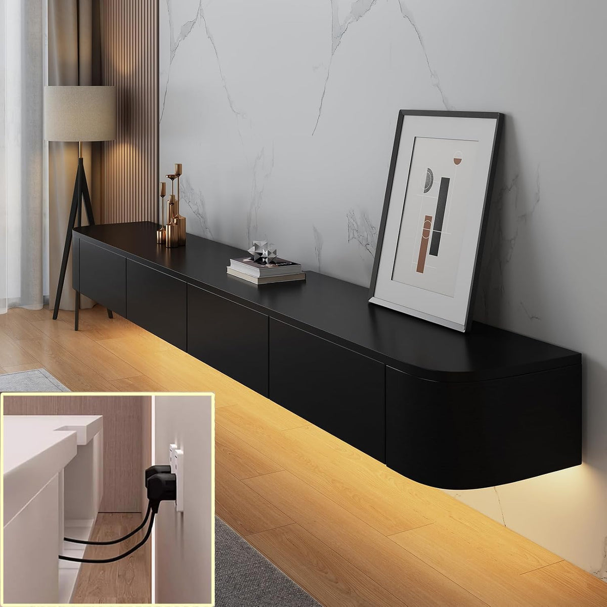 TV-Medienkonsole, schwimmender TV-Schrank, TV-Schrank, 140 x 20 x 24 cm), TV-Bank unter dem TV-Lowboard mit Schubladen (schwarz + LED, Wandmontage