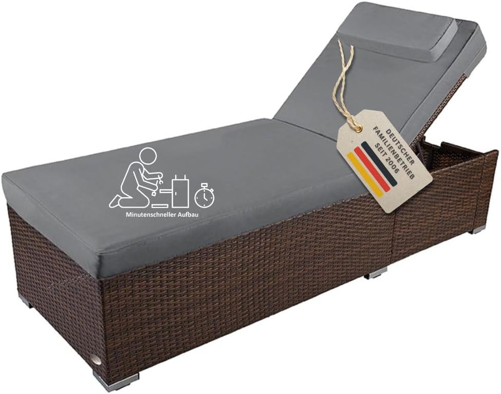RS Trade Sonnenliege Gartenliege wetterfest extra hoch auch für Senioren, stabil & belastbar bis 200kg, Polyrattan Outdoor mit Rollen, braun Rattan