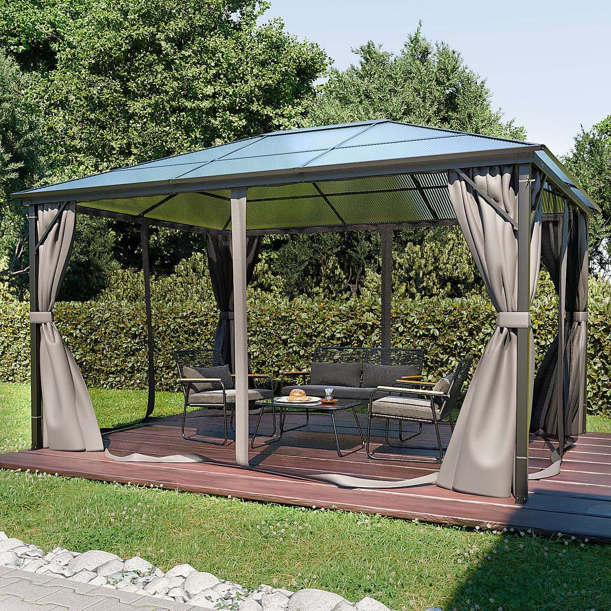 GARMIO Pavillon 3x4m Garten Überdachung mit Polycarbonat, mit Metallgestell & Aluminiumrahmen, für Outdoor, Dach & Moskitonetz