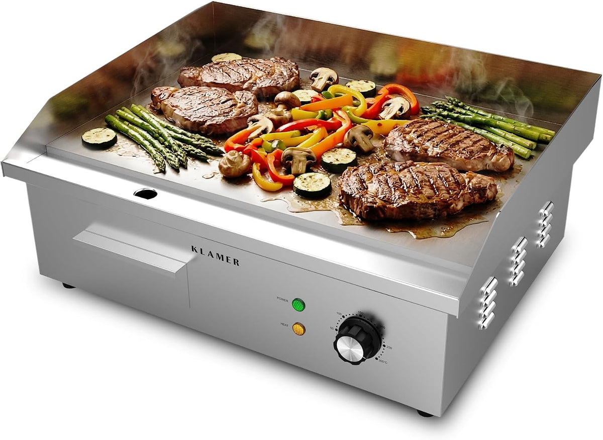KLAMER Elektrogrill Edelstahl 3000W, XL Grillplatte 54,5x38,5 cm, Tischgrill Elektrisch 50–300°C, Eisengrillplatte, Spritzschutz, Auffangbehälter