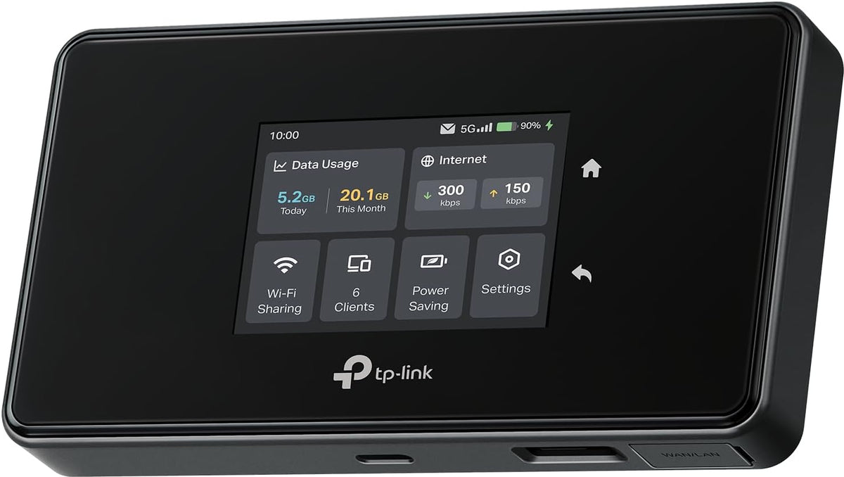 TP-Link M8550 5G LTE Mobiler WLAN Router, 4680 mAh Akku, Bis zu 3,4 Gbit/s, Tri-Band Wi-Fi 6E, Nano-SIM-Karten Slot, Gigabit WAN/LAN, Touchscreen