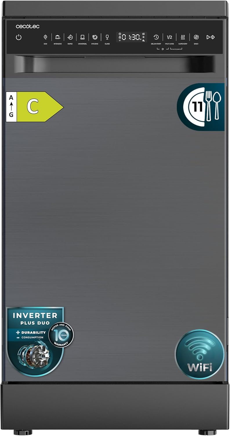Cecotec Freistehender Geschirrspüler Bolero Aguazero 4560 Dark Connected 45 cm, O2Dry, 11 Maßgedecke, 9 Programme, Energieeffizienzklasse C, Super Dry