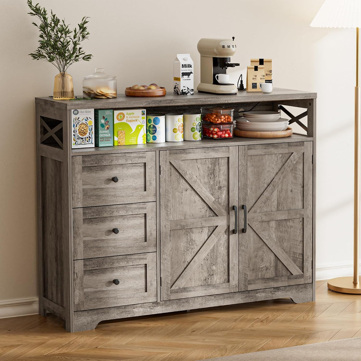 BonVache Sideboard, Küchenschrank mit Schubladen, Aufbewahrungsschrank