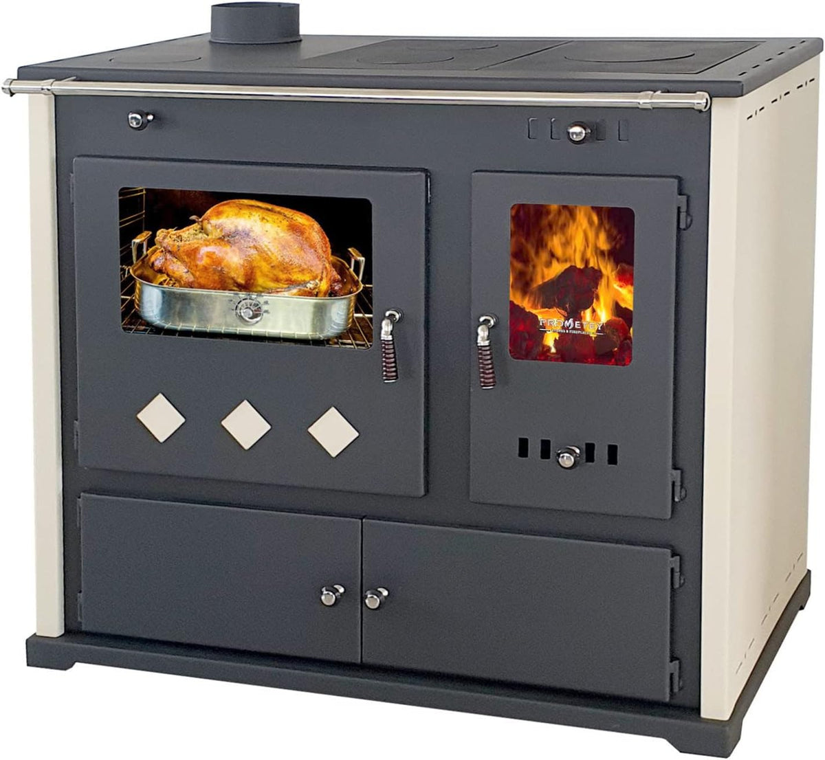 Kaminofen mit Backfach und Herdplatte Pracktik Lux Beige LINKS Holzofen 9,5 kW Kamin Ofen Dauerbrandofen Werkstattofen Schwedenofen Hüttenofen