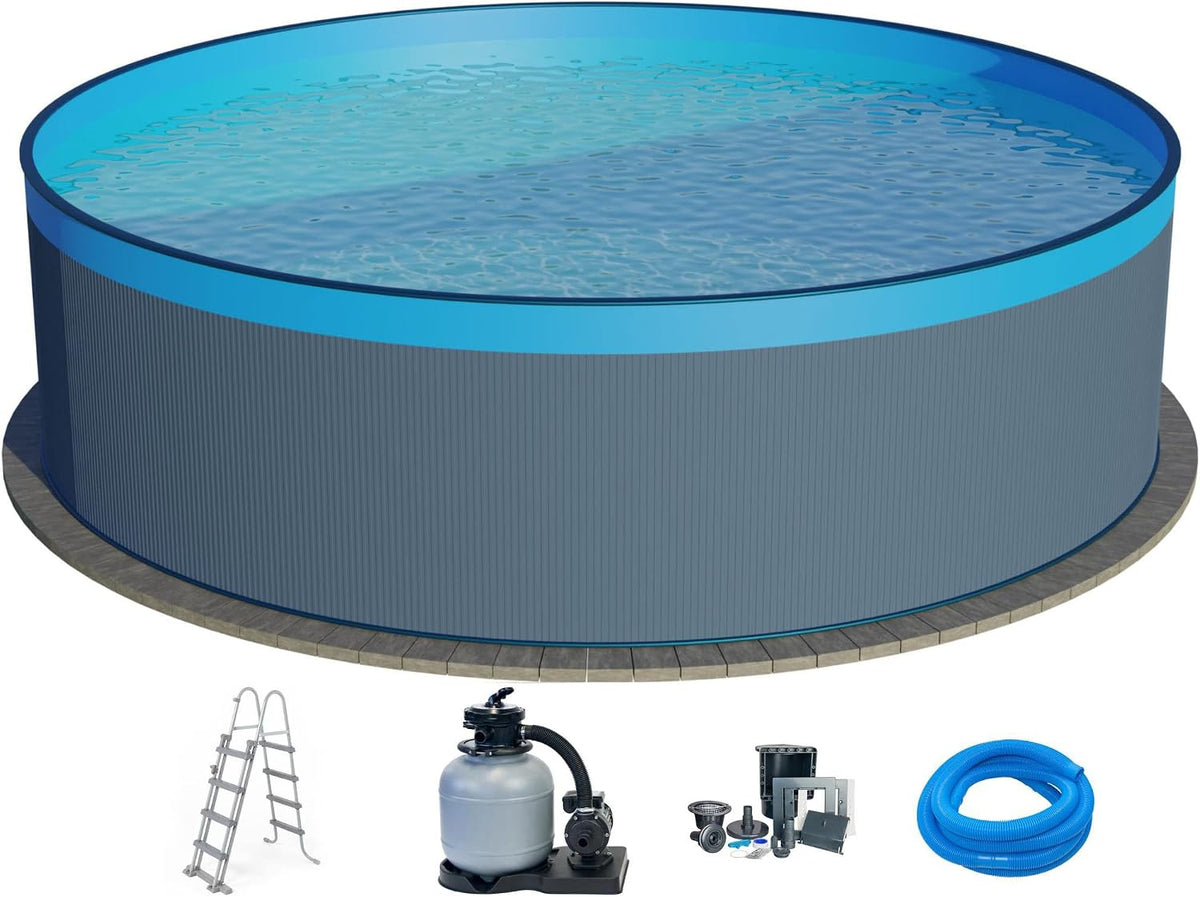 Planet Pool Stahlwandpool Set (5-teilig) rund 450x120 cm, Stahl 0,4 mm anthrazit, Folie 0,3 mm blau, Overlap