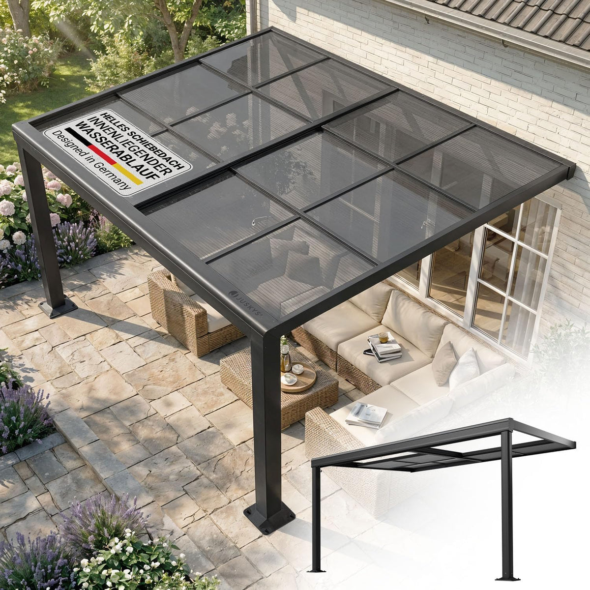 Juskys Terrassenüberdachung 4x3 m mit Schiebedach, Terrassendach aus Aluminium mit Doppelstegplatten, wetterfeste Überdachung mit UV-Schutz, Grau