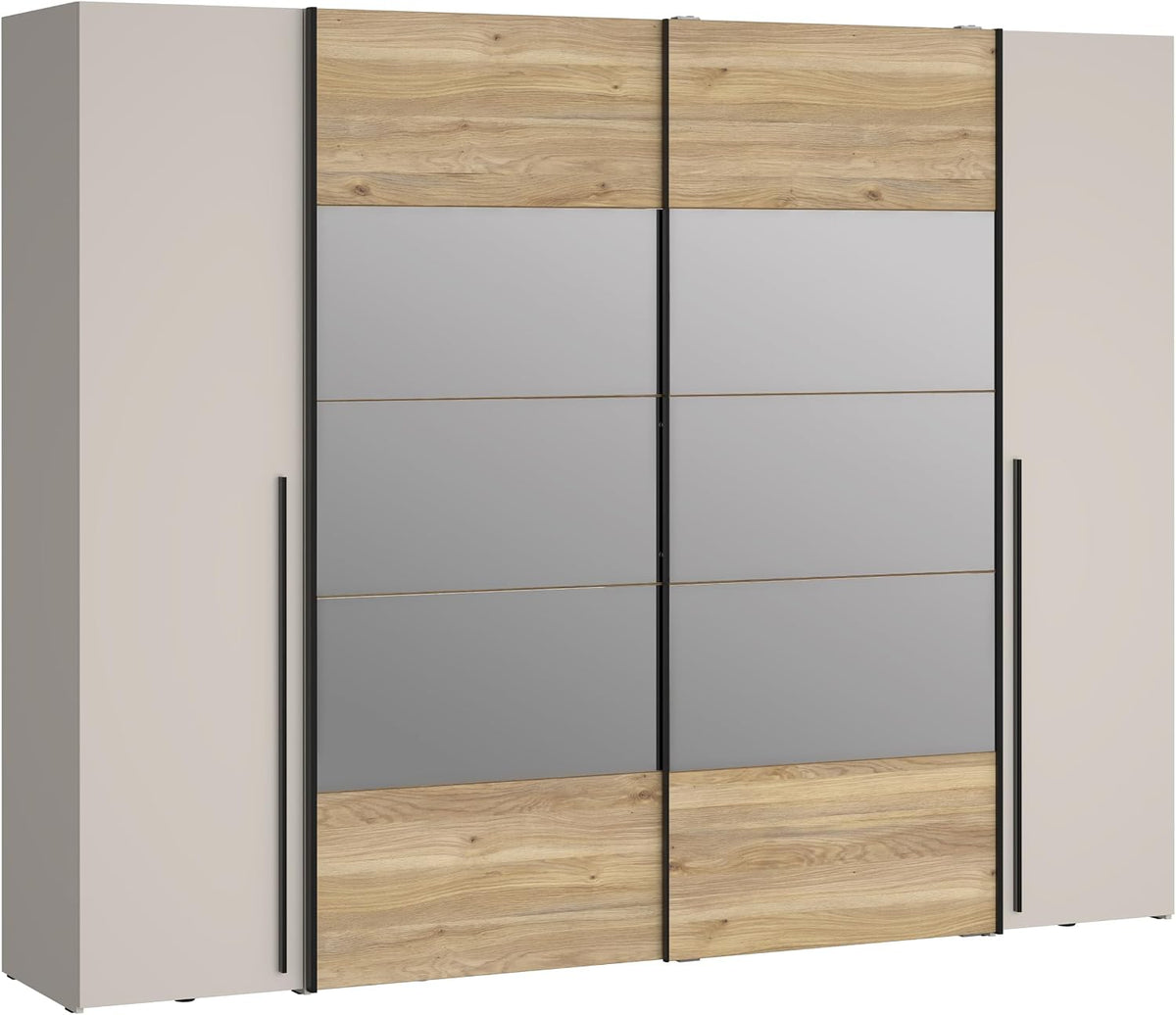 Forte NARAGO Kleiderschrank 270, 4-türig, 270,3 cm breit x 210,5 cm hoch x 61,2 cm tief, moderner Dreh-/Schwebetürenschrank, Einlegeböden