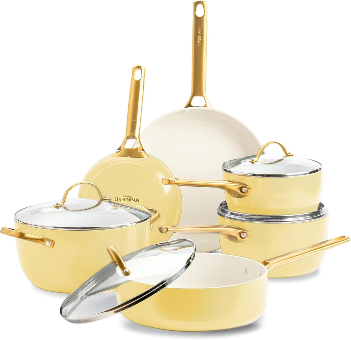 GreenPan Reserve Harteloxiertes Gesundes Keramische Antihaft-Kochgeschirr Set,10 Teile, Inklusive Bratpfannen Sautierpfanne und Kochtopf, Goldgriff
