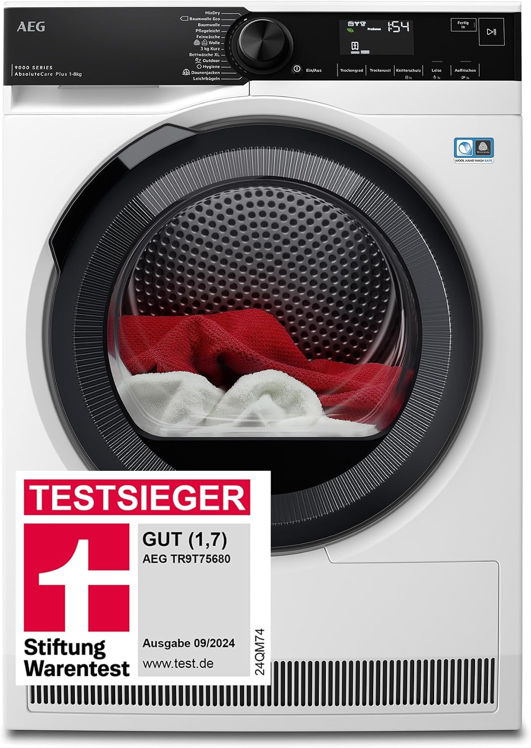 AEG Wärmepumpentrockner 8 kg, 3D-Scan Restfeuchteermittlung, TR9T75680, Serie 9000: AbsoluteCarePlus Daunentrocknung, Testsieger Stiftung Warentest