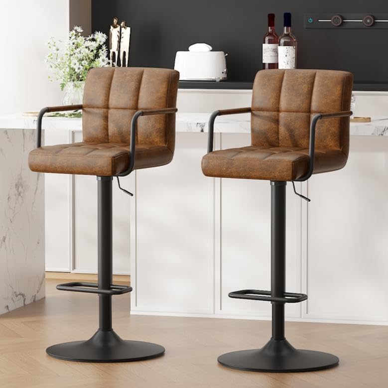 Barhocker 2er Set, Barstuhl höhenverstellbar aus PU-Leder, 360°Drehstuhl Küchenstuhl mit Armlehnen, Rückenlehne und Fußstütze für Küche, Wohnzimmer
