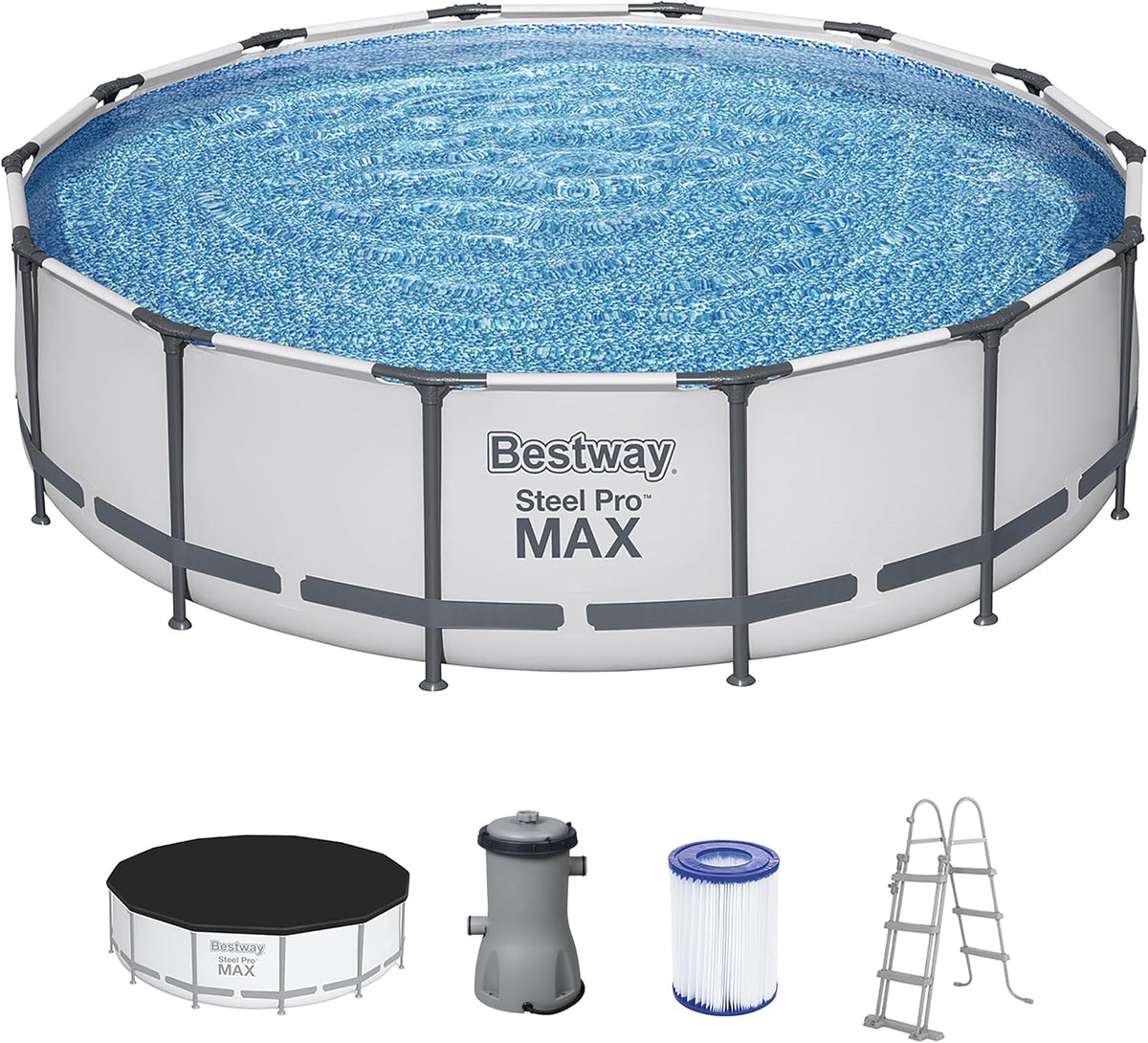 Bestway Steel Pro MAX Aufstellpool Komplett-Set mit Filterpumpe Ø 427 x 107 cm, lichtgrau, rund