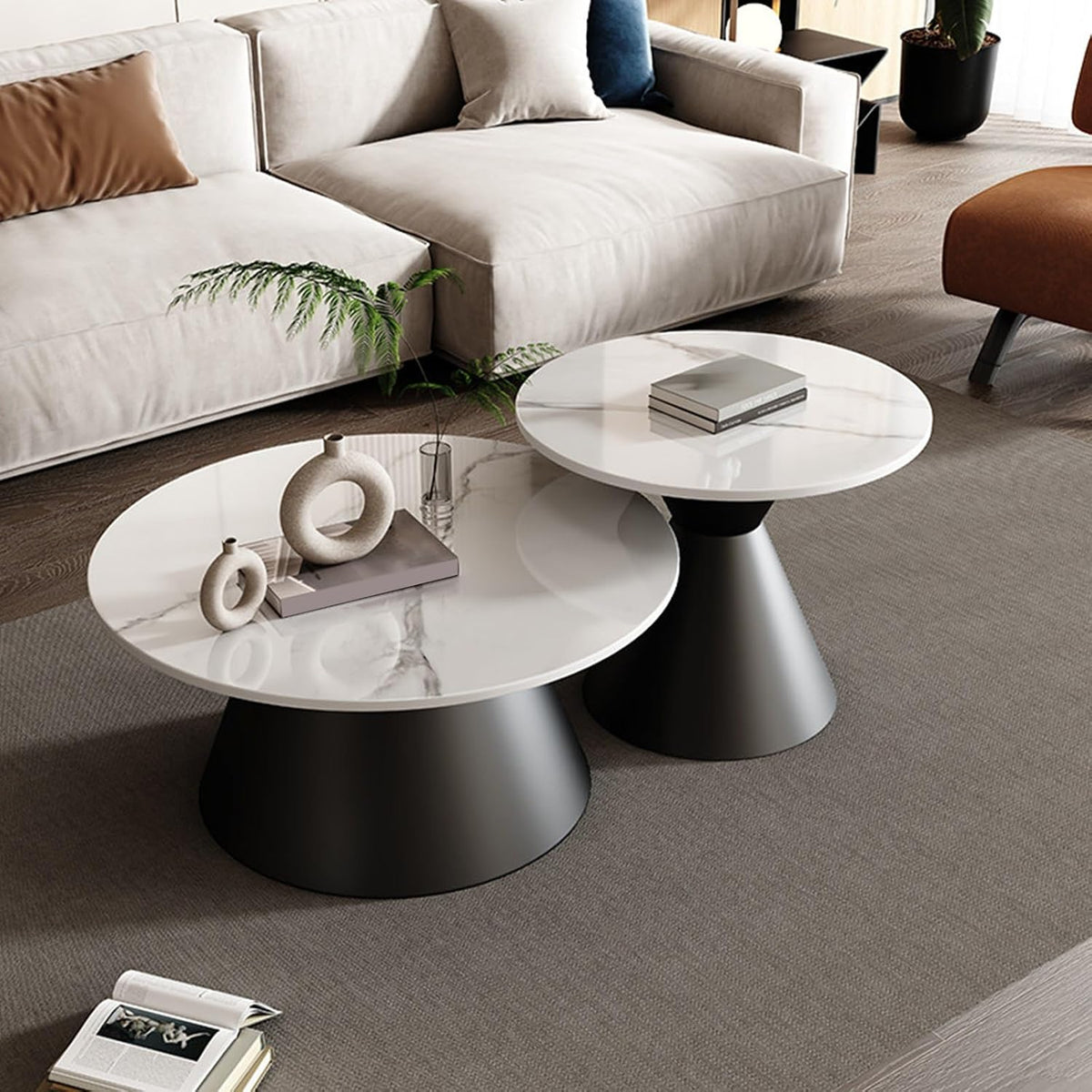 Couchtisch Rund Marmor 2er Set, für Wohnzimmer Schlafzimmer Balkon(Nero,80*36+60*49cm), mit Structure en Acier Peint und Grand Plateau