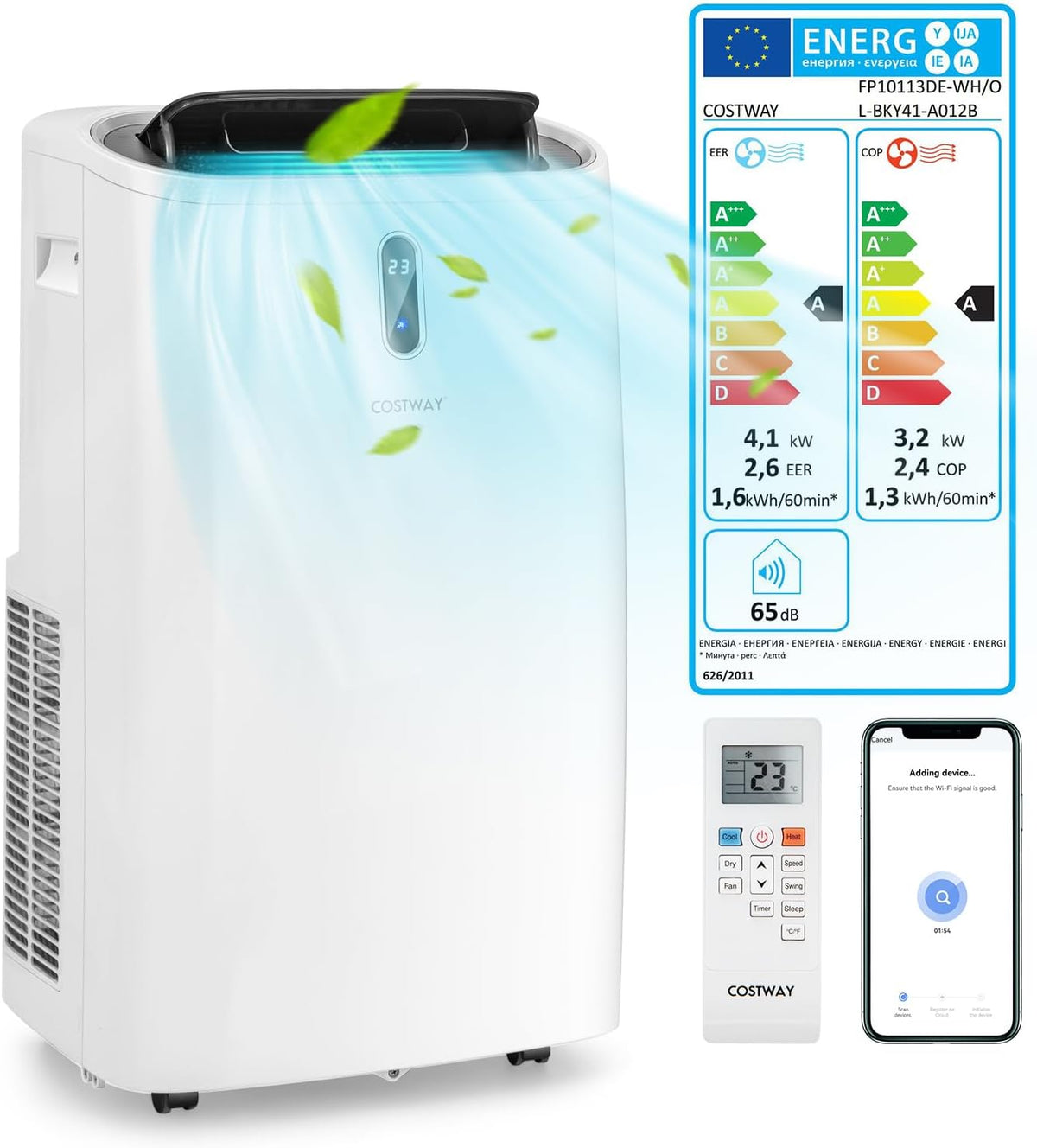 COSTWAY Klimaanlage mobil 14000BTU, 4100W, ≤57dB, Klimagerät mit Abluftschlauch, Fernbedienung/App, 24H Timer