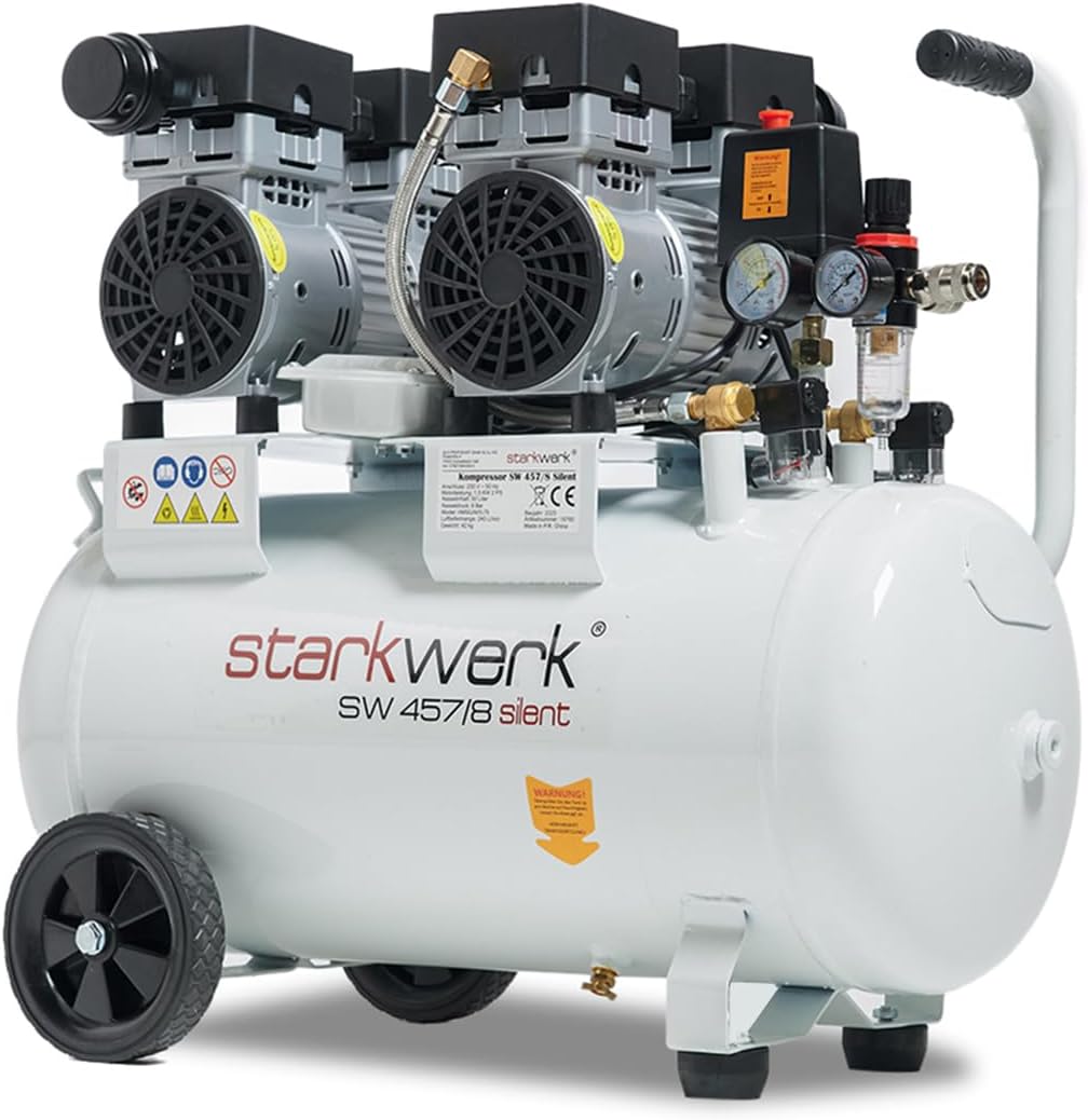 Starkwerk SW 457/8 Flüster Kompressor Silent Kompressor 1,5kW !69 dB! 8Bar ölfrei Druckluft Kompressor leise Compressor inklusive Druckminderer