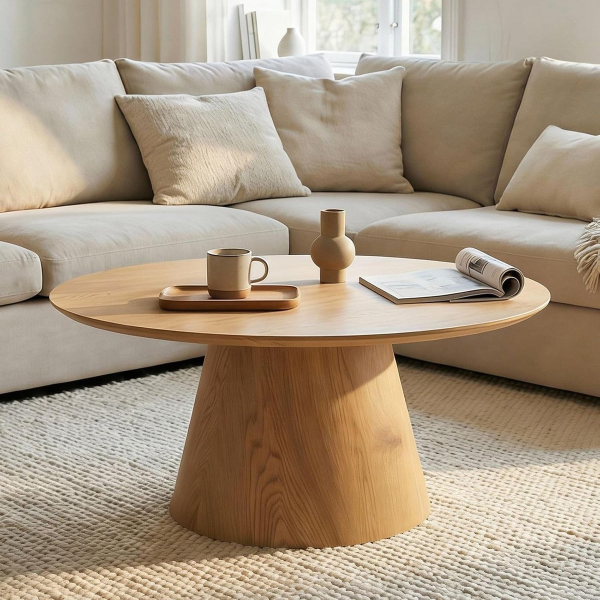 IDIMEX RUDA Couchtisch rund 85 cm, Ablagetisch für Wohnzimmer, Eiche Finish- Moderner Wohnzimmertisch in Holzoptik, runder Sofatisch MDF