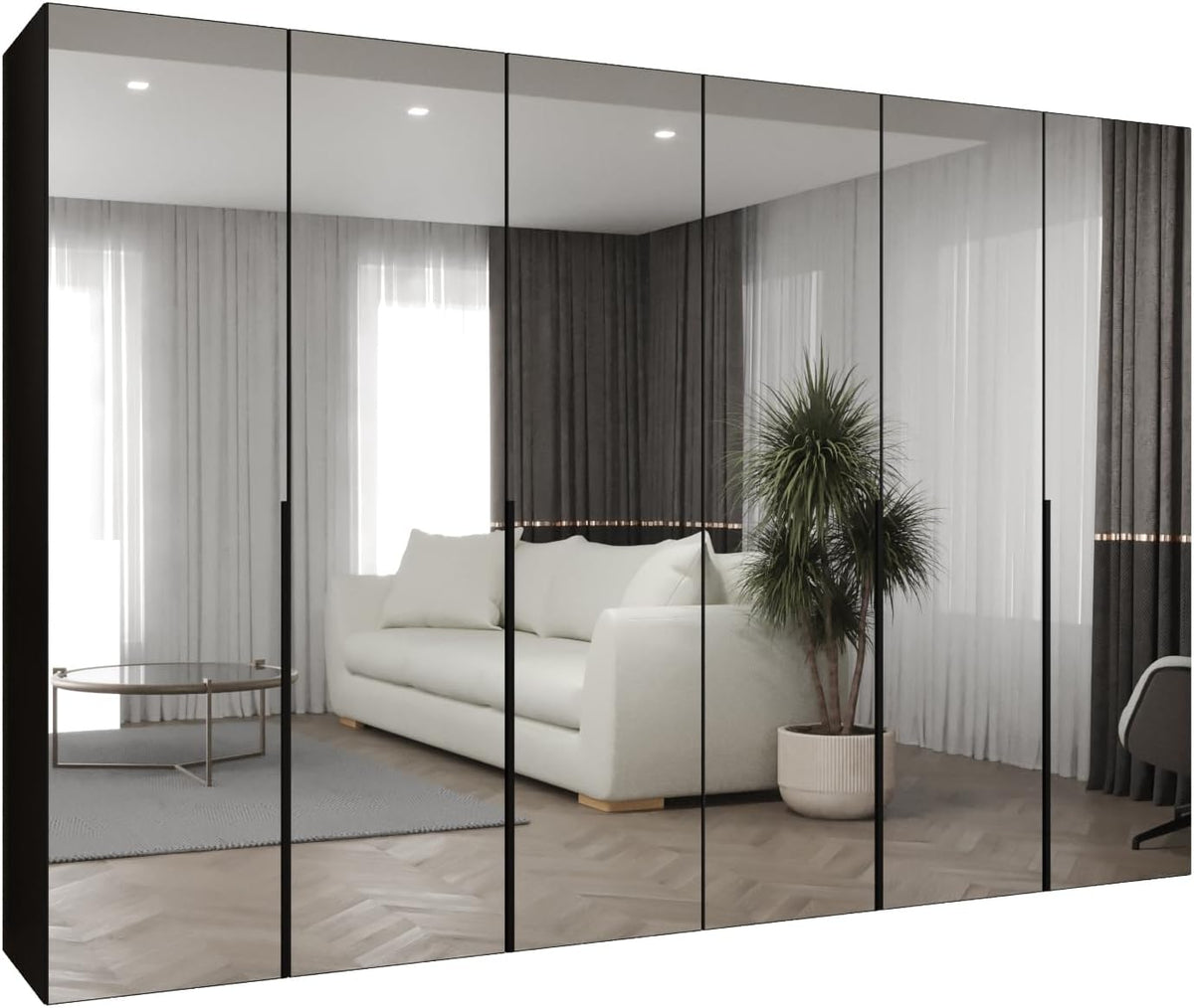 MEBLE KRYSPOL, Schrank 300 x 202 x 52 cm, Kleiderschrank mit Spiegel, Drehtürenschrank, Garderobenschrank Schlafzimmer, Flur, Jugendzimmer, Schwarz