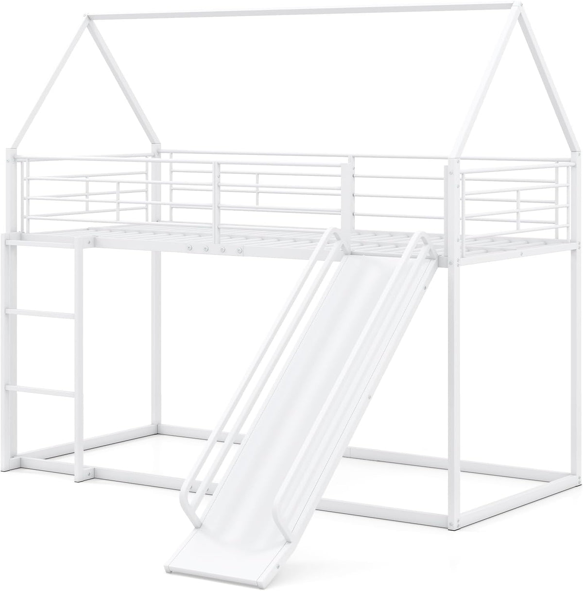 COSTWAY Hochbett mit Rutsche & Leiter, Kinderbett 90 x 200 cm Stockbett, Metallbett Hausbett mit Rausfallschutz & Dach & Metallrahmen (Weiß)