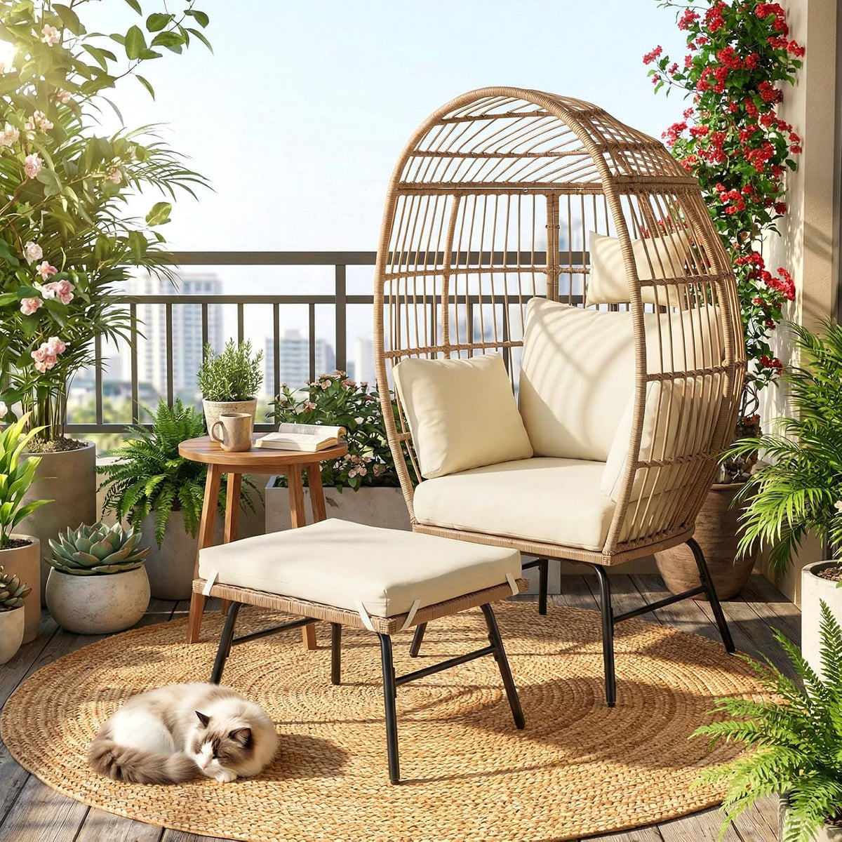 GIANTEX Gartensessel mit Hocker, extra großer Ei-förmiger Loungesessel