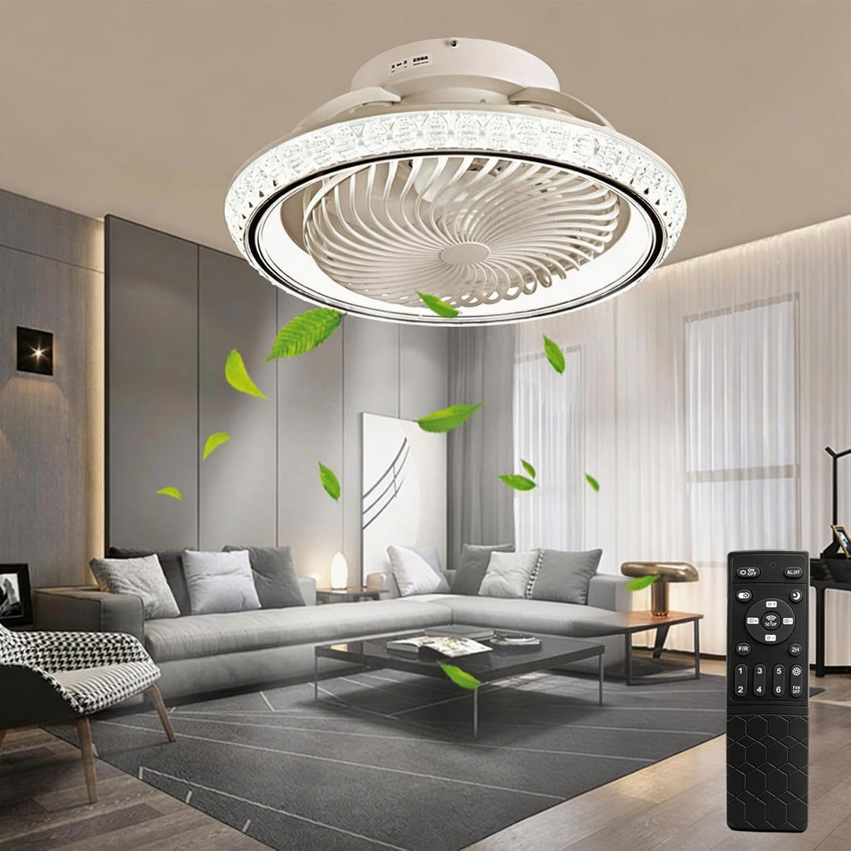 Deckenventilator mit Beleuchtung leise 360° Drehbar, 49cm Moderne Deckenlampe mit Ventilator und Fernbedienung, für Schlafzimmer, APP Steuerung