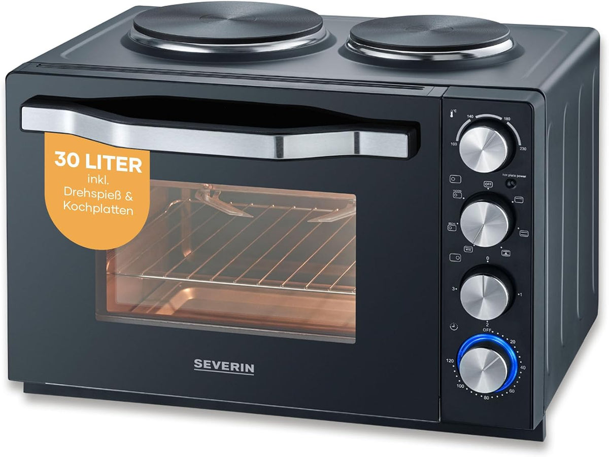 SEVERIN Back- und Toastofen mit Kochplatten, Ofen mit 30 L Garrauminhalt, Gesamtleistung 2500 W, mit Kochplatten zum Kochen, Grillen und Backen