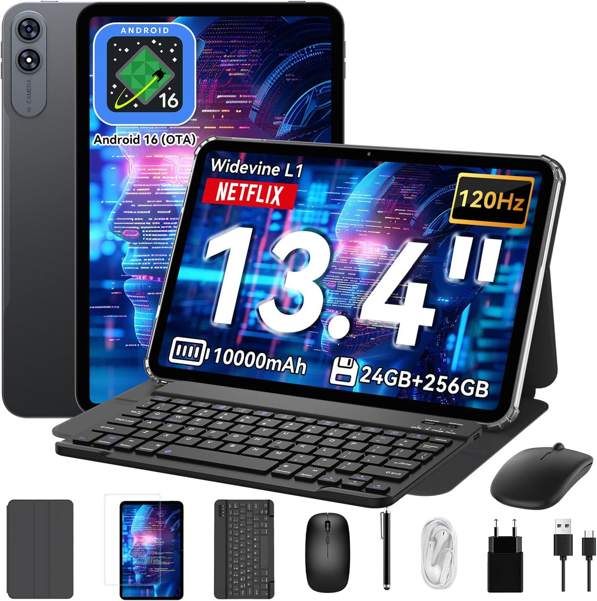 T60 Pro Tablet 13.4 Zoll, 120Hz FHD Display, 24GB RAM+256GB ROM, 10000mA, Tablet Android 16 mit Tastatur, Octa-Core Gaming Tablet für Studium, Arbeit
