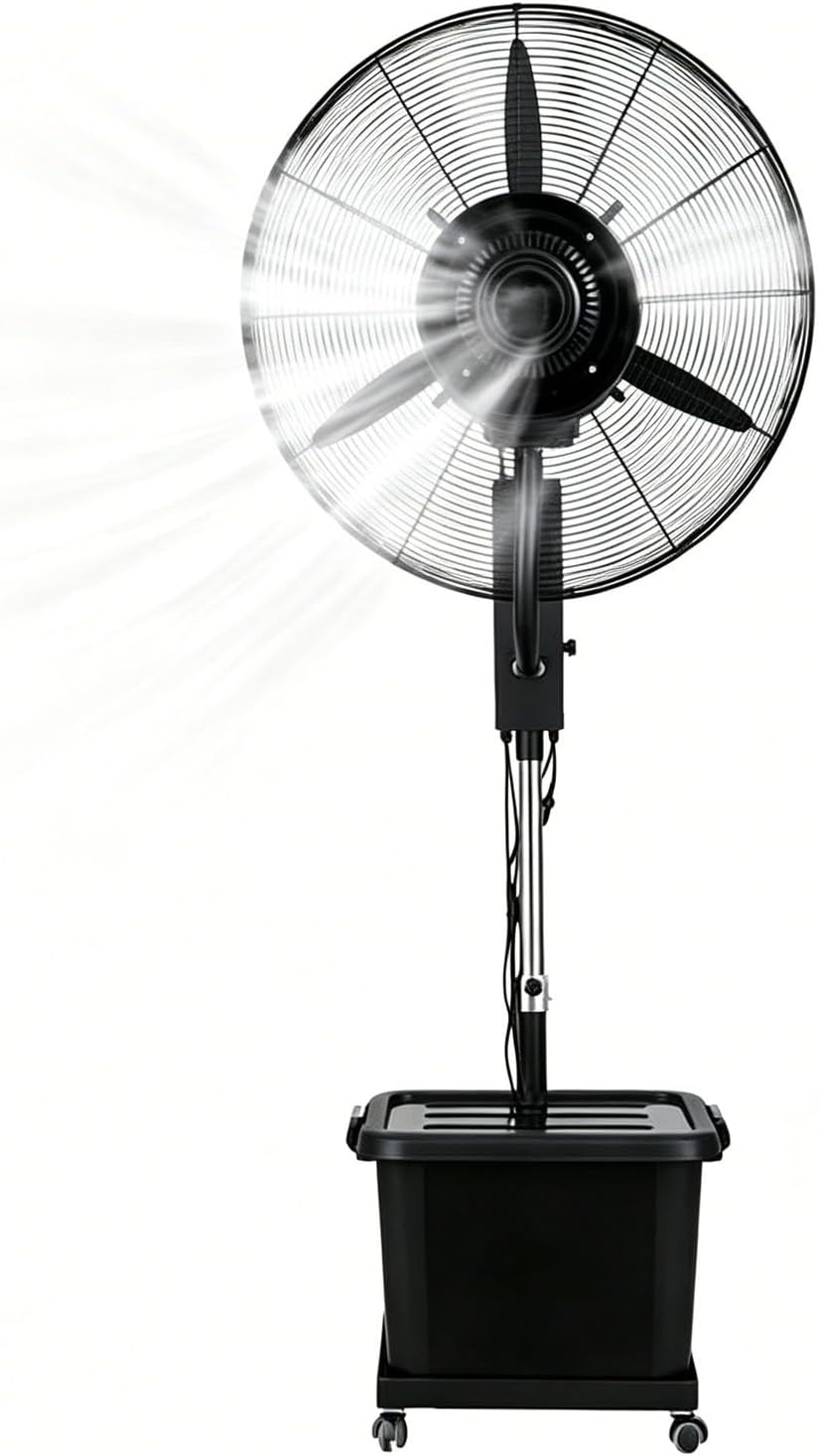 42L Nebelventilator Schwerlast, Teleskophöhe 160-200cm, Garage(⌀71cm), Vernebelungs-Kühlung für Terrasse, 3 Geschwindigkeiten, 90° Schwenk, Werkstatt